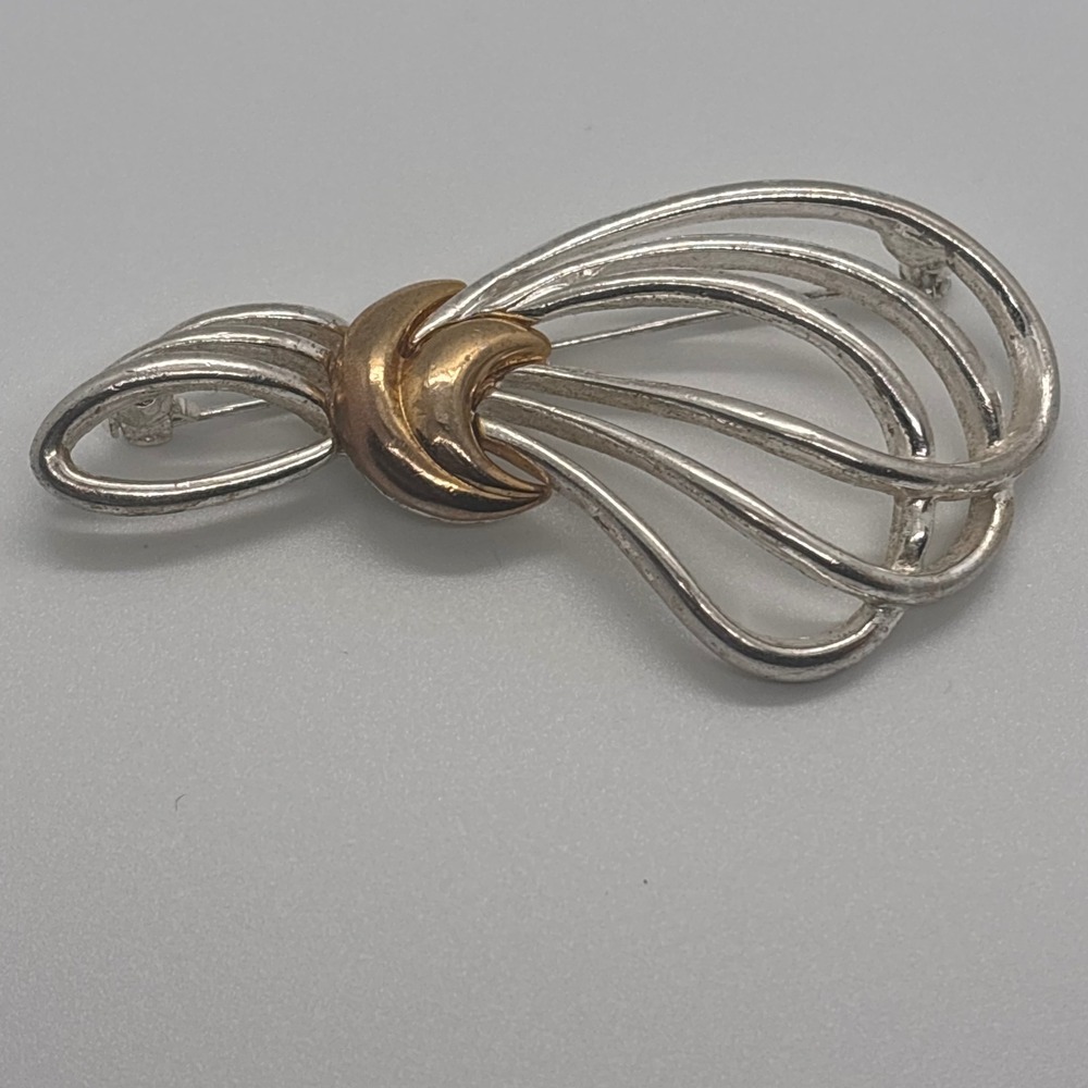 Ribbon Brooch Bow Two‎ Tone Pin Silver Gold Tone Metal